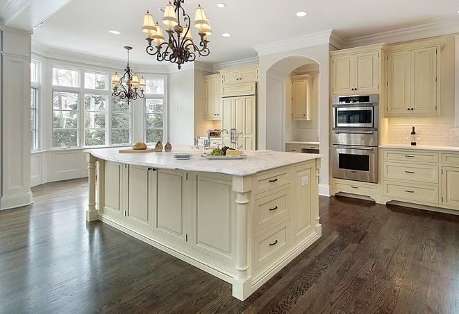 wood-look laminate floors in bright, airy kitchen in Middletown, RI